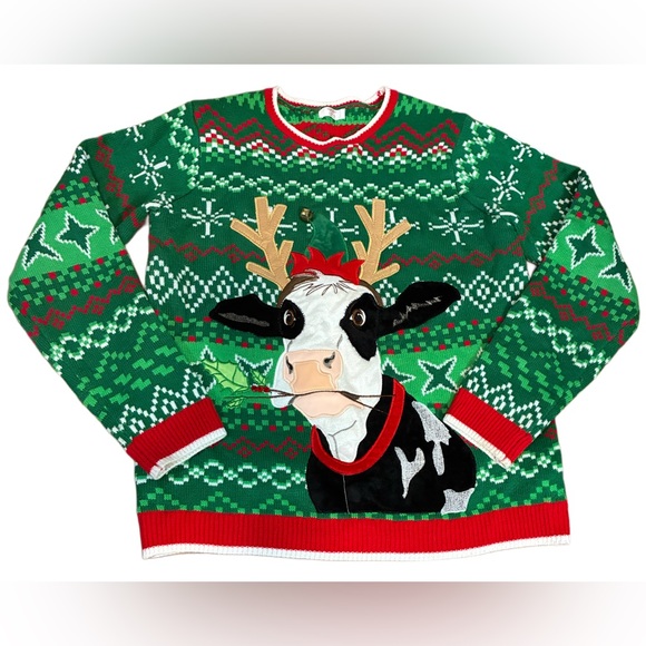 Holiday Time Sweaters - Holiday Time Green Red Cow Christmas Sweater Ugly Sweater Party Farm Girl Bell